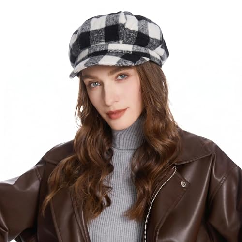 ZLYC Women Classic Newsboy Cap Visor 8 Panel Gatsby Cabbie Paperboy Hat - color: (Plaid) White