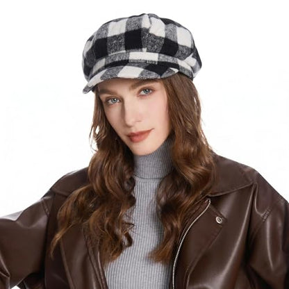ZLYC Women Classic Newsboy Cap Visor 8 Panel Gatsby Cabbie Paperboy Hat - color: (Plaid) White