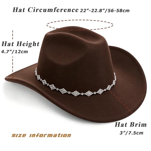 AQOKKA Western Cowboy Hat for Women Men Wide Brim Retro Felt Fedora Cowgirl Hats Classic Unisex Rolled up Caps Outdoor - color: Coffee