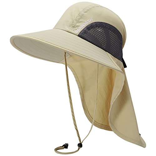 BASSDASH UPF 50+ Unisex Water Resistant Wide Brim Sun Hat with Large Neck Flap Ponytail Fishing Hat for Men Women - color: Cream