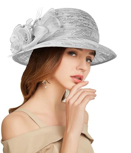 Women's Kentucky Derby Church Dress Hat Wide Brim Leaf Flower Bridal Shower Hat - color: R2 Grey