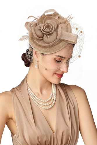 BABEYOND Fascinators Hats for Women Flower Veil Feather Pillbox Derby Hat - color: Champagne
