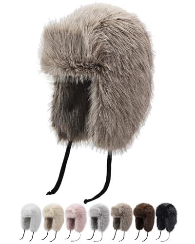 Peicees Winter Fur Hat for Women, Ladies Russian Ushanka Furry Trapper Hat with Warmer Ear Flaps and Glitter Silver Design - color: Khaki