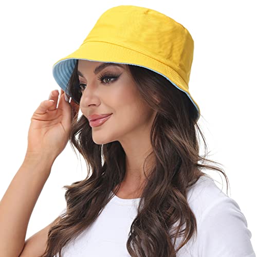 Women Reversible Bucket Hat, Summer Sun Hat for Women - color: Skyblue- Yellow