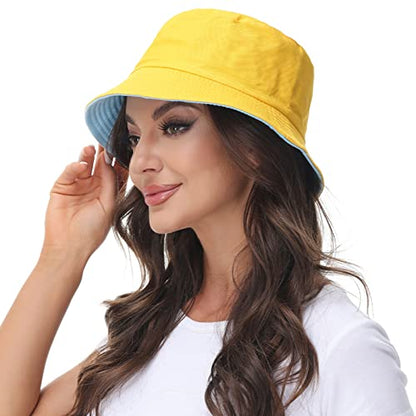 Women Reversible Bucket Hat, Summer Sun Hat for Women - color: Skyblue- Yellow
