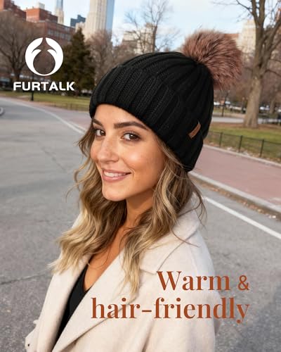FURTALK Womens Winter Beanie Hat Satin Lined Faux Fur Pom Pom Beanies Hat for Women Winter Warm Knit Hats - color: Black