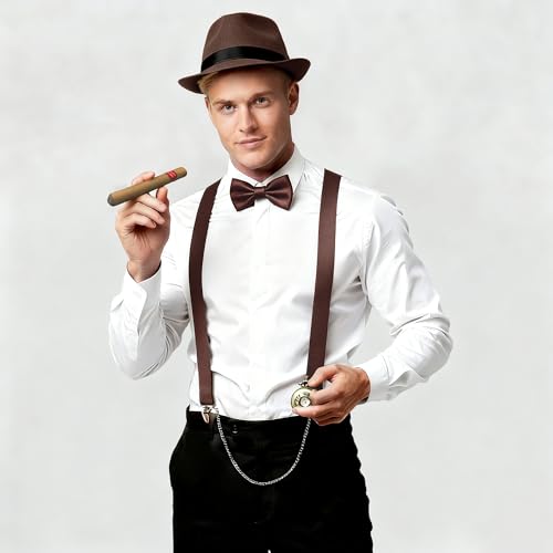 BABEYOND 1920s Mens Gatsby Gangster Accessories Set Panama Hat Suspender Bow Tie - color: Brown Set