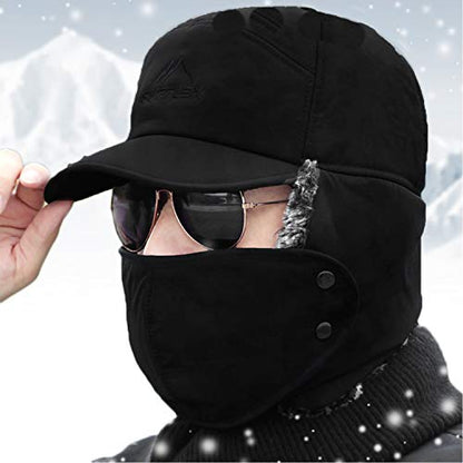 Mens Winter Thermal Trapper Hat Russian Ushanka Ski Hunting Dad Cap Ear Flaps Motorcycle Cycling Mask Women Warm Fur Snow Hat - color: Black, Solid