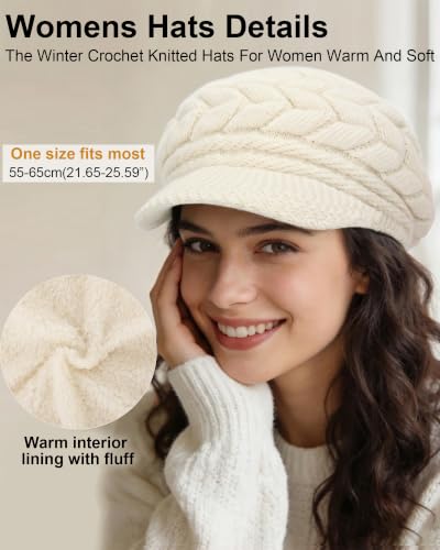 Loritta Womens Winter Beanie Hats, Thick Warm Beanie with Visor Brim - color: C-beige