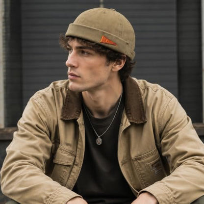 Retro Brimless Docker Cap Rolled Cuff Cotton Beanie Hat - color: Khaki