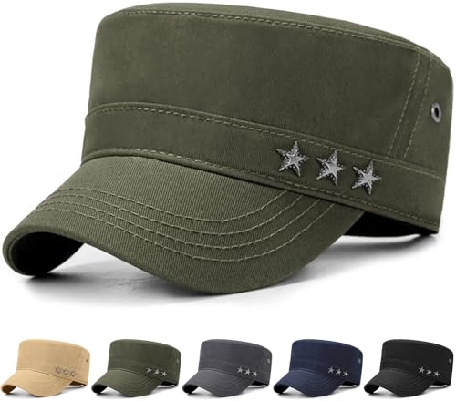 Initlove Cadet Army Cap Military Unisex Flat Top Hat for Men Women - color: Star Green