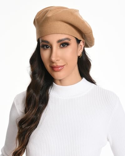 Women's Knitted Beret, French Style Double Layer Winter Autumn Warm and Soft Beanie Hat Cap - color: Z-dark Camel