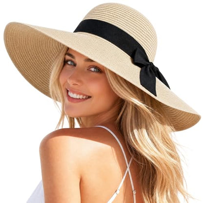 Beach Hat for Women, Wide Brim Sun Straw, UPF 50+ Foldable Floppy Sun Hat - color: B-beige