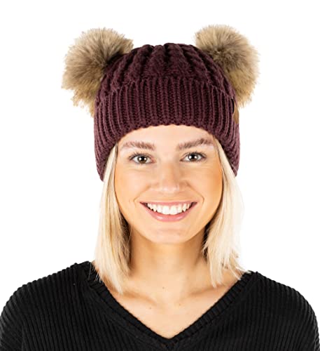 Funky Junque Women’s Double Pom Pom Beanie – Soft Knit Winter Hat for Women & Teens, Warm Cuffed Beanie with Faux Fur Poms - color: Berry/Natural Faux Fur, size: Small-X-Large