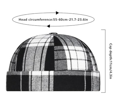 DIYDECAL Striped Plaid Brimless Worker Cap,Retro Skullcap Docker Hat for Men Womens - color: Black