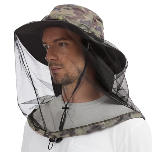 BASSDASH UPF 50+ Mosquito Sun Hat with Hidden Head Net and Neck Flap for Men Women Outdoor Fishing Hiking Camping - color: Earth Camo