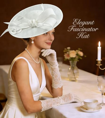 Kgromfy Fascinator Hat Women Wide Brim Tea Party Headband Elegant Church Hat Large Lady Headwear for Derby Wedding Cocktail - color: White