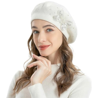 ZLYC Women French Beret Hat Reversible Solid Color Mosaic Warm Artist Cap - color: Butterfly White