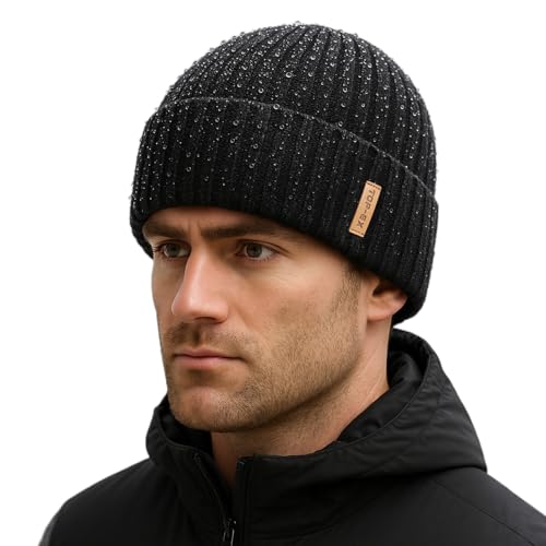 TOP-EX DryKnit™ Waterproof L/XL/XXL Winter Fleece Lined Beanie Hat for Men Women Warm Knit Watch Skull Cap Cold Weather - color: Black(sentinel), size: Medium-Large