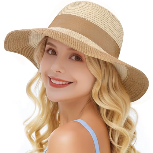 Beach Hats for Women, Sun Straw Hat for Women, UPF 50+ UV Foldable Sun Hat - color: D-khaki & Beige