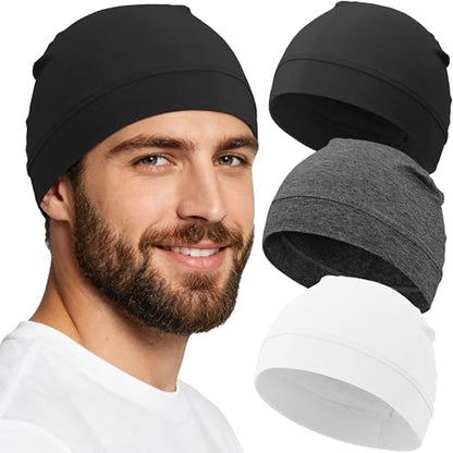 3-Pack 100% Cotton Skull Cap for Men Women Helmet Liner Caps - color: 3pcs-black,white,dark Grey