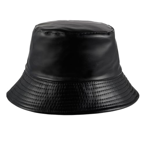 Eigso Unisex Womens Black Leather Bucket Hat Fashion Classic Vintage Hip Hop 80s Hiking Outdoor Fishrman Cap for Woman Man