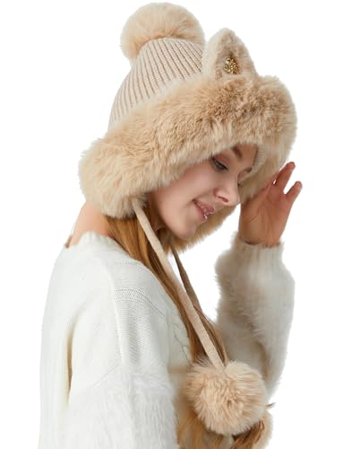 Womens Beanie Winter Hats Warm Pompom Faux Fur Crochet Skull Ear Cap - color: Apricot