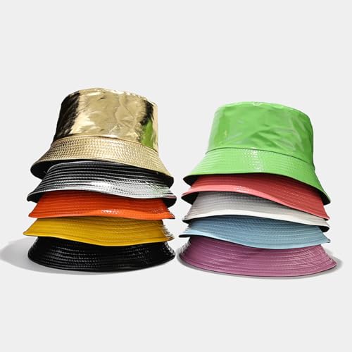 yolrdiw Unisex Fashion PU Leather Bucket Hat Glossy Reversible Rain Waterproof Fishmen Cap - color: Red