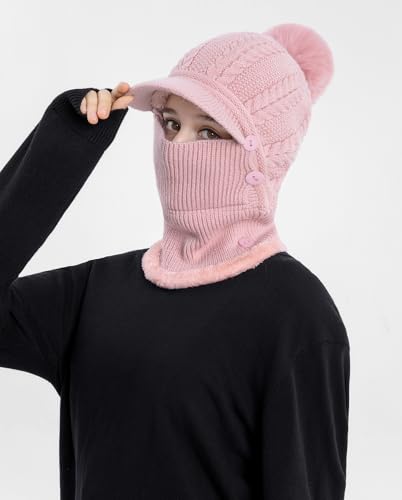 HUAMULAN Women Cable Knit Balaclavas Winter Fleece Lined Beanie Hat - color: Pink With Pompom