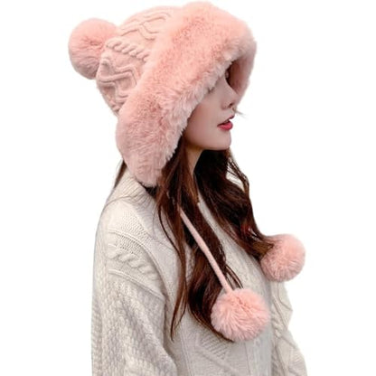 Winter Pompom Beanie Hats for Women Fluffy Knit Skull Cap Womens Faux Fur Crochet Warm Bucket Outdoor Ear Cover - color: Pink