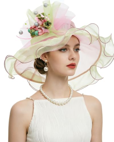 ORIDOOR Women Organza Fascinator Church Derby Hat Floral Tea Party Wedding Hat - color: 04-light Pink …