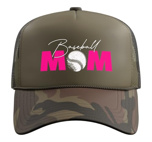 Baseball Mom Trucker Hat with Adjustable Mesh Back - color: Camo Green