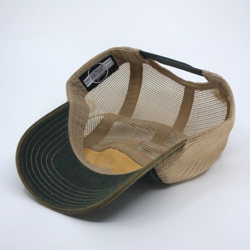 Washed Cotton Twill Five Panel Adjustable Camper Caps - color: Dirty Wash Dark Green/Khaki Mesh