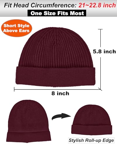 vidsel Thin Wool Fisherman Beanie for Men Short Knit Cuff Trawler Watch Hat - color: 1pcs-wine Red