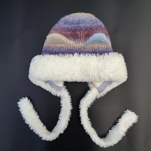 HUAMULAN Women Winter Sherpa Knit Beanie Hat Fleece Lined Ear Flaps - color: Purple and White