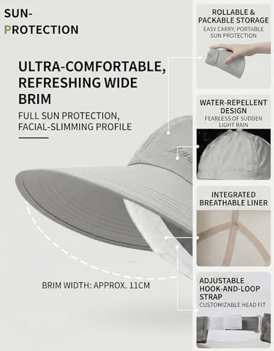 Sun Hats for Women Outdoor Wide Brim UV Protection Hollow Top Summer Beach Packable Visor with Ponytail-Hole - color: Grey