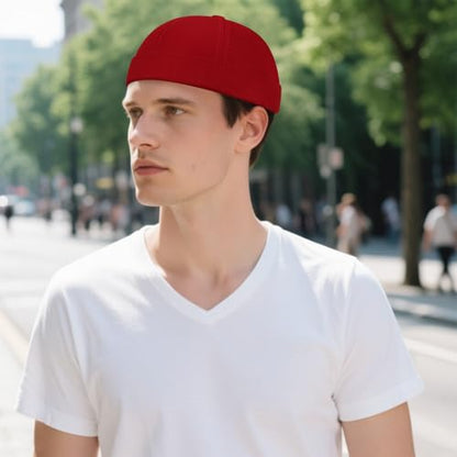 2 Pcs Mens Brimless Docker Cap Set - Retro Worker Sailor Skull Cap Beanie with Rolled Cuff - color: Red