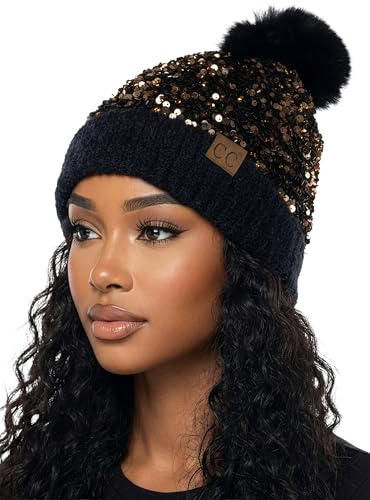 Funky Junque Women's Sequin Pom Beanies – Soft Knit Sparkly Bling Winter Hats for Women, Faux Fur Pom Glitter Sparkle Hat - color: Chunky Sequin - Black/Gold