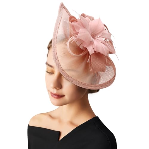 AQOKKA Women Fascinators Hats Flower Fascinators with Headband and Clip Tea Party Headwear for Women and Girls - color: 1 Pc Feather Flower / Pink