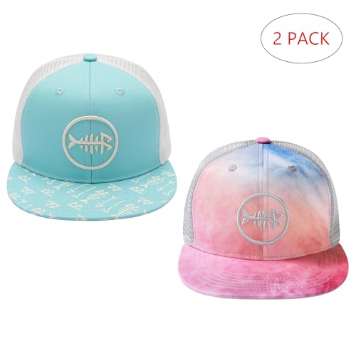 BASSDASH 2 Pack Flat Brim Trucker Cap Adjustable Snapback Hat Mesh Back for Men Women Fishing Hunting - color: Pack of 2, Turquoise & Rosy Clouds