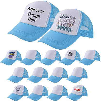 15 Pack Trucker Hats Bulk Sublimation Blanks Wholesale Mesh Baseball Cap DIY Custom Hats for Men Women - color: Light Blue