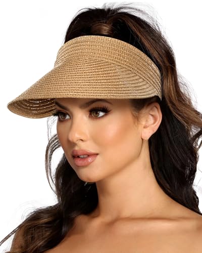 EW EastWater Beach Sun Visor Hats for Women, Wide Brim UPF50+ Sun Protection Straw Hat Packable Foldable for Summer - color: Khaki, size: Medium