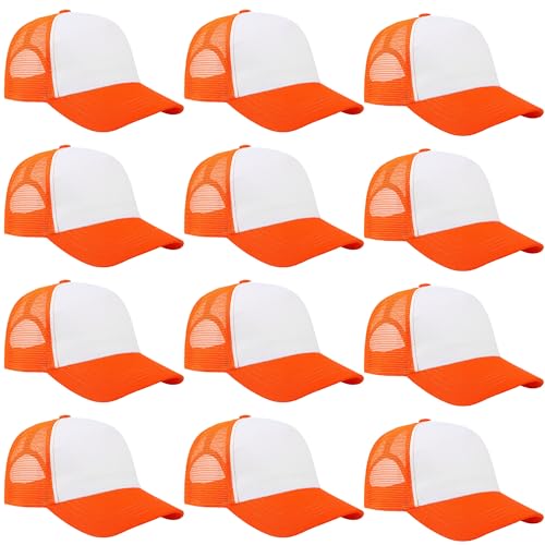 Falari 12 Pack Bulk Wholesale Mesh Trucker Hats 5 Panel and 6 Panel Baseball Caps for Men and Women - color: 5 Panel - Orange
