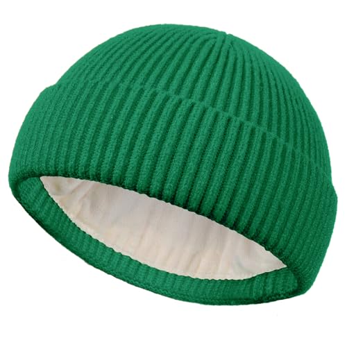 Short Fisherman Beanie for Men Women Wool Fleece Lined Winter Hat - color: 1pcs-kelly Green