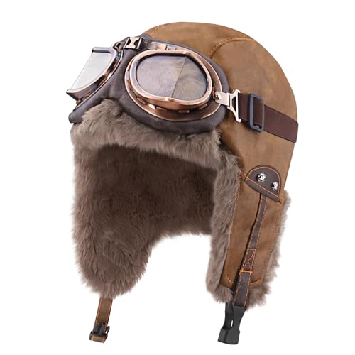 Peicees Leather Aviator Hat and Goggles Vintage Pilot Cap- Winter Fur Hat with Earflaps Pilot Costume Adult Men Women - color: Brown