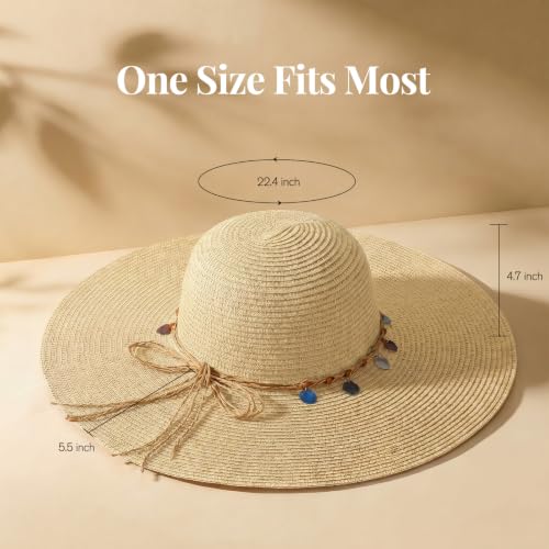 Women's Sun Straw Hat Wide Brim Floppy Foldable Hats Beach Travel Summer Vacation Hat UPF 50+ - color: Beige-shell