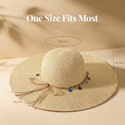 Women's Sun Straw Hat Wide Brim Floppy Foldable Hats Beach Travel Summer Vacation Hat UPF 50+ - color: Beige-shell