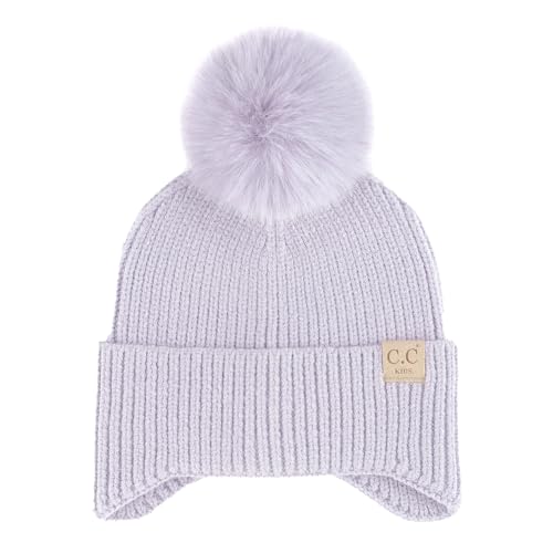 C.C Kids Ear Flap Fur Pom Beanie for Boys Girls - Comfortable Soft Warm Children Youth Knit Skully Hat with Faux Fur Pom - color: Lavender