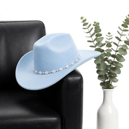 DRESHOW Women's Western Cowboy Hat Rhinestone Cowboy Cowgirl Hat Glitter Wide Brim Felt Fedora Hats Unisex Rolled up Caps - color: 1 Pack Style 11: Sky Blue