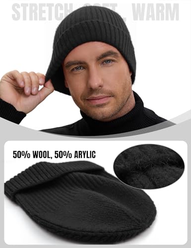 vidsel 50% Wool Double Cuff Beanie Hat for Men Women, Warm Winter Knit Cap - color: Black